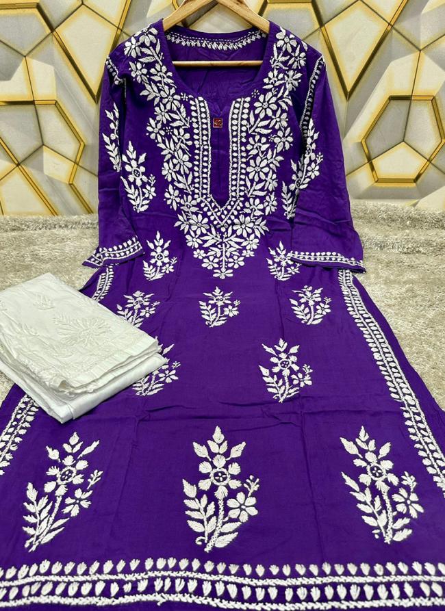 Purple Modal Cotton Festival Wear Lucknowi Kurti With Palazzo