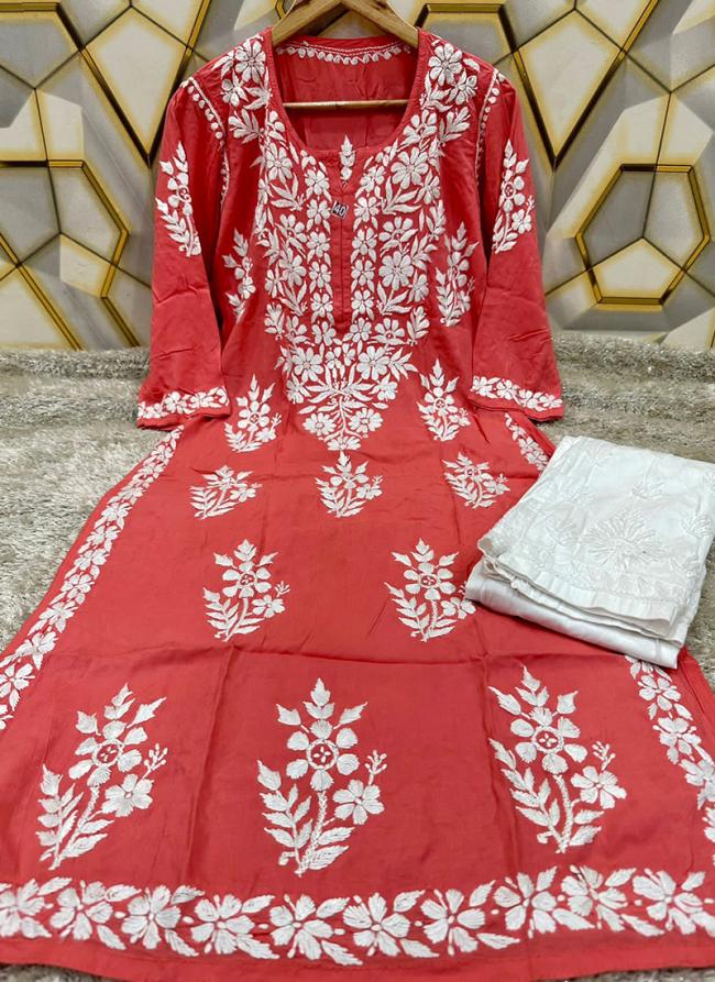 Red Modal Cotton Festival Wear Lucknowi Kurti With Palazzo