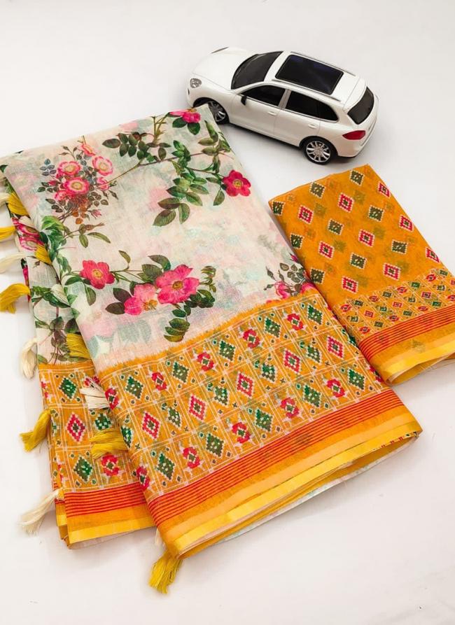 Yellow Linen Regular Wear Digital Printed Saree