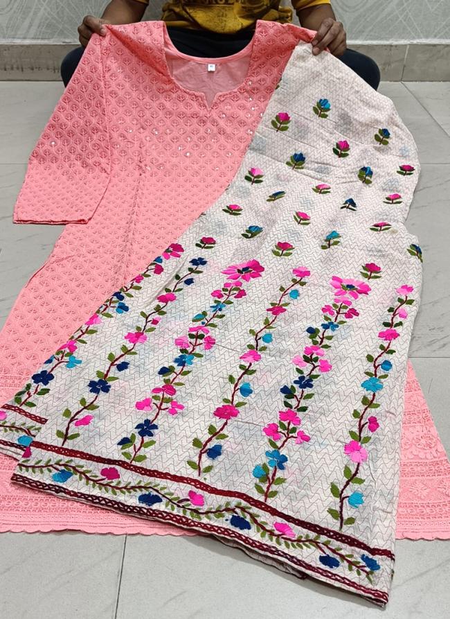 Peach Pure Cotton Traditional Wear Sequins Work Kurti With Sharara