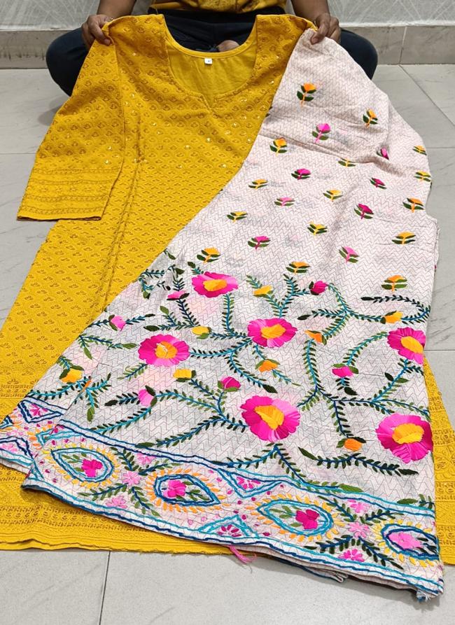 Yellow Pure Cotton Traditional Wear Sequins Work Kurti With Sharara