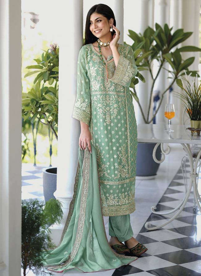 Pista Green Organza Festival Wear Embroidery Work Salwar Suit