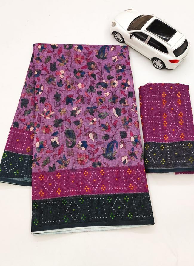 Purple Linen Daily Wear Digital Printed Saree