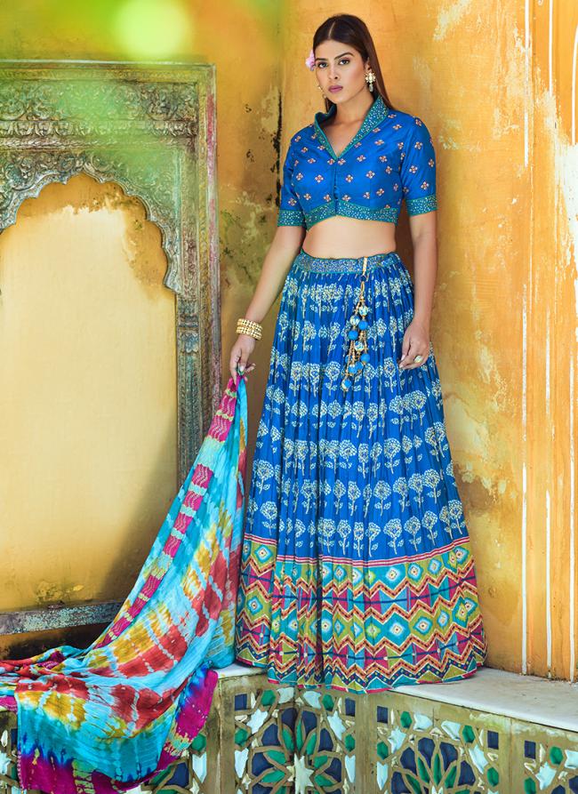 Blue Pure Viscose Wedding Wear Digital Printed Lehenga Choli