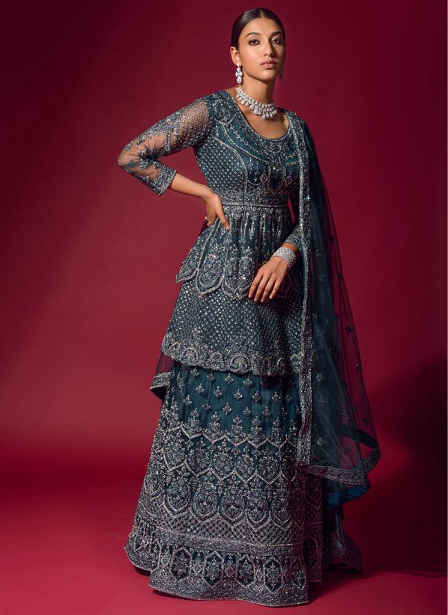 Blue Velvet Reception Wear Zarkan Work Lehenga Choli