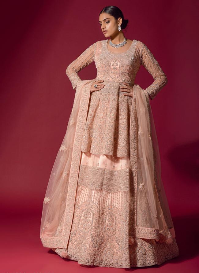 Peach Velvet Reception Wear Zarkan Work Lehenga Choli