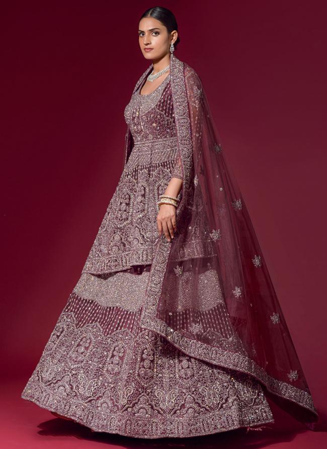 Purple Velvet Reception Wear Zarkan Work Lehenga Choli