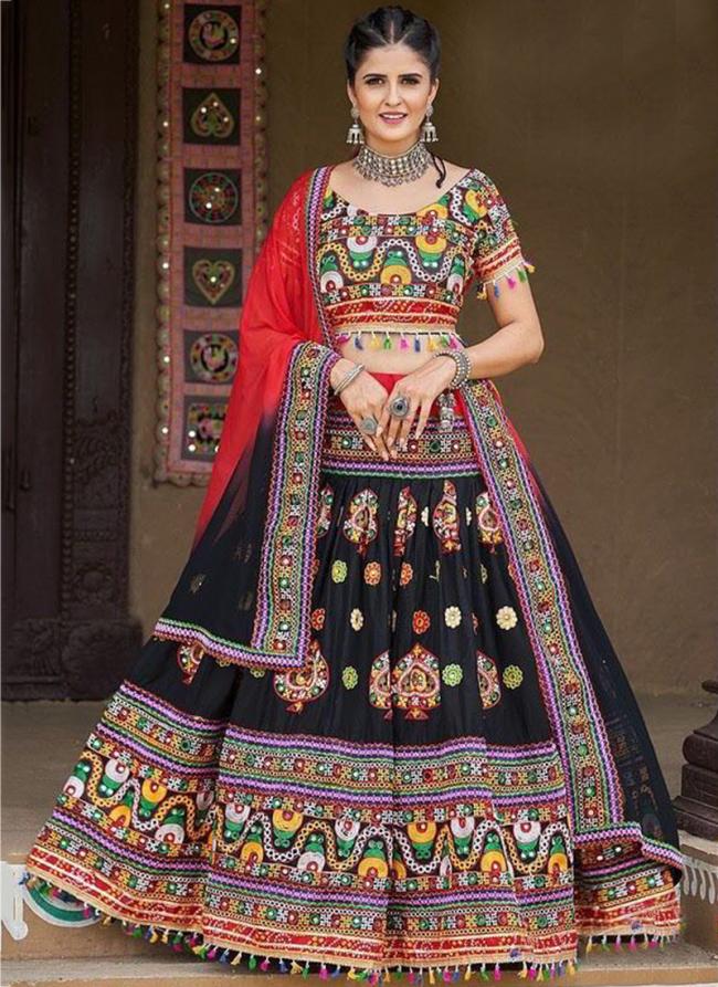 Black Cotton Traditional Wear Mirror Work Ready To Wear Lehenga Choli