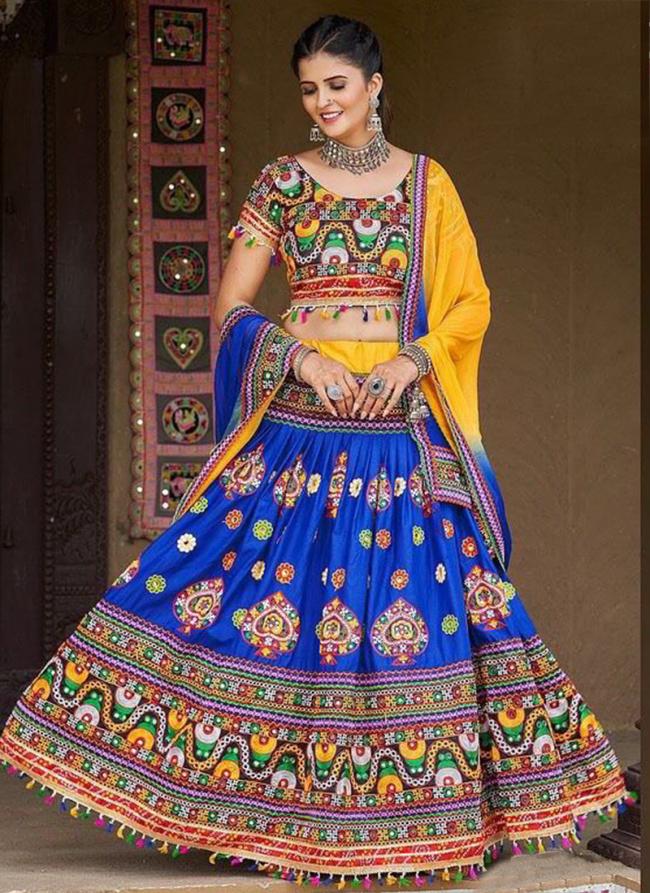 Blue Cotton Traditional Wear Mirror Work Ready To Wear Lehenga Choli