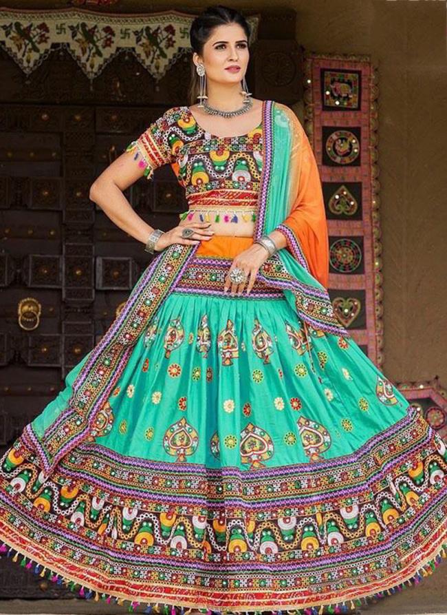 Teal Cotton Traditional Wear Mirror Work Ready To Wear Lehenga Choli