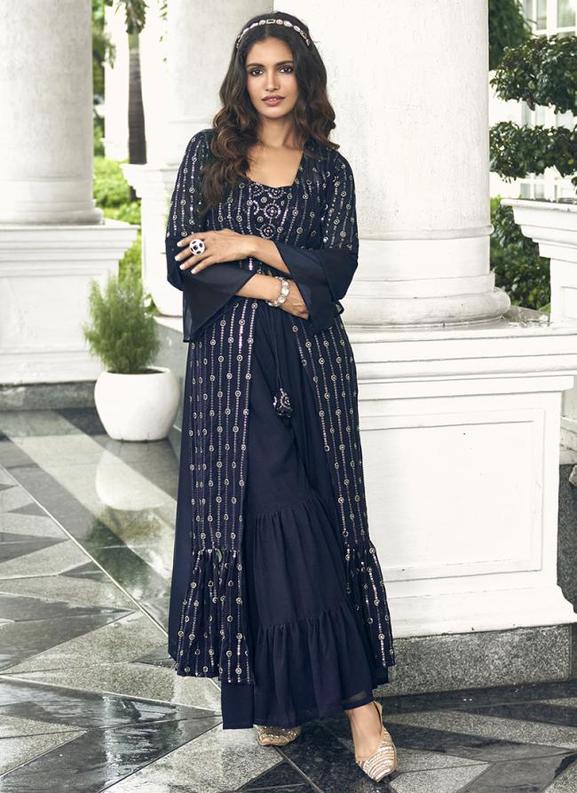 Navy blue Faux Georgette Party Wear Embroidery Work Top Palazzo With Jacket