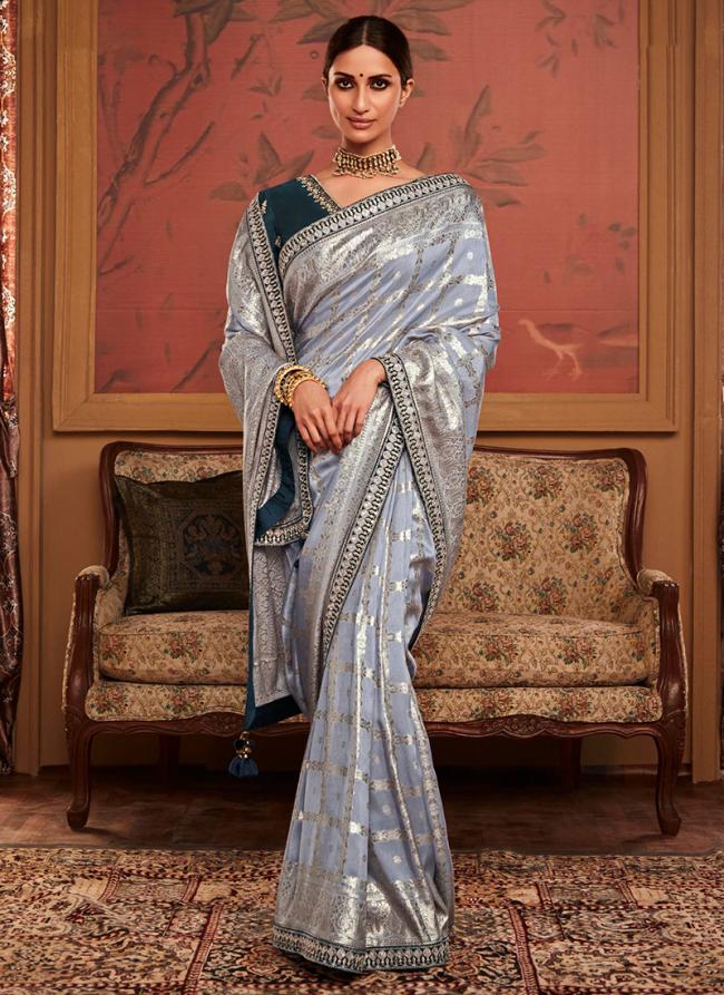 Grey Dola Silk Wedding Wear Embroidery Work Saree