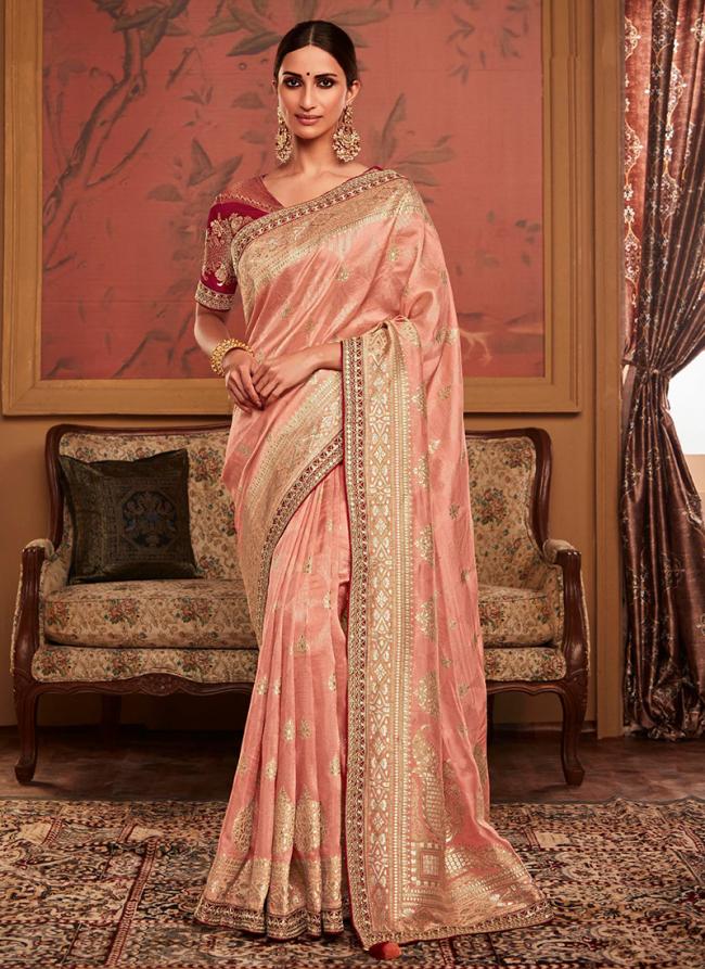 Peach Dola Silk Wedding Wear Embroidery Work Saree