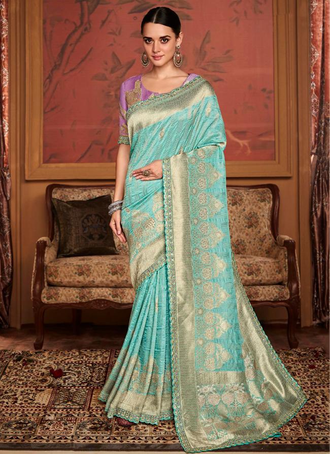 Sky Blue Dola Silk Wedding Wear Embroidery Work Saree