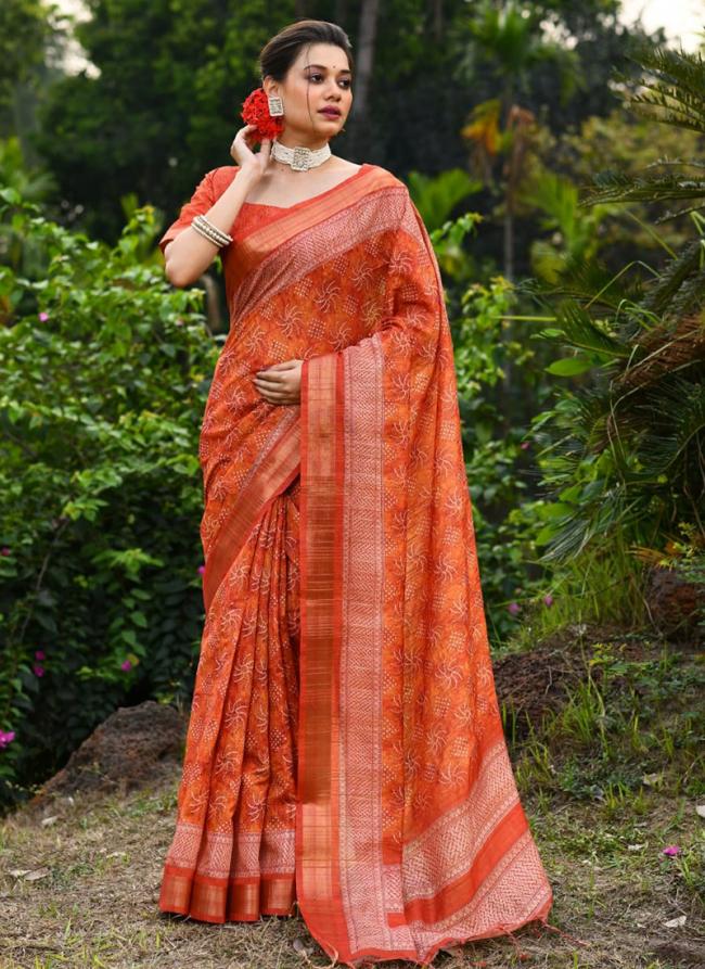 Orange Tussar Silk Traditional Wear Weaving Saree