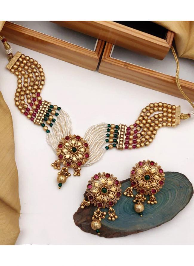 Latest Brass High Gold Antique Rajwadi Mina Colour Necklace set with Earrings