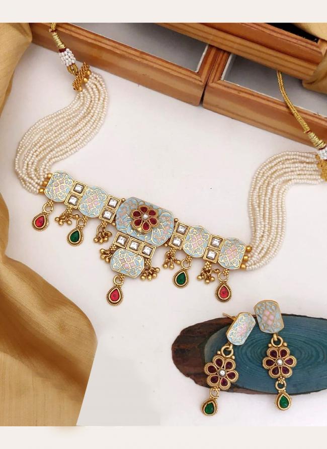 Trendy Brass High Gold Antique Rajwadi Mina Colour Necklace set with Earrings