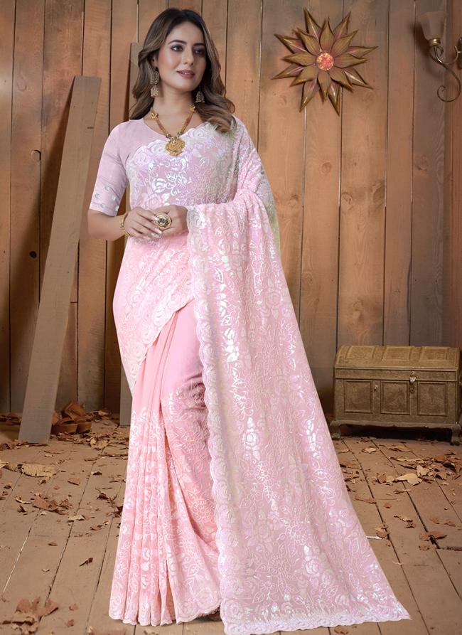 Dusty Pink Georgette Wedding Wear Embroidery Work Saree