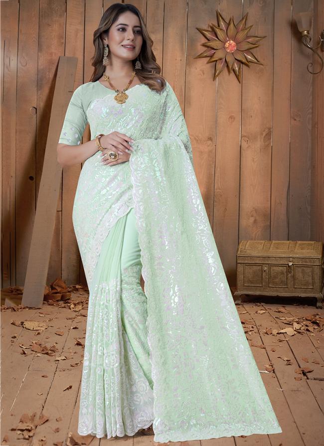 Pista Green Georgette Wedding Wear Embroidery Work Saree