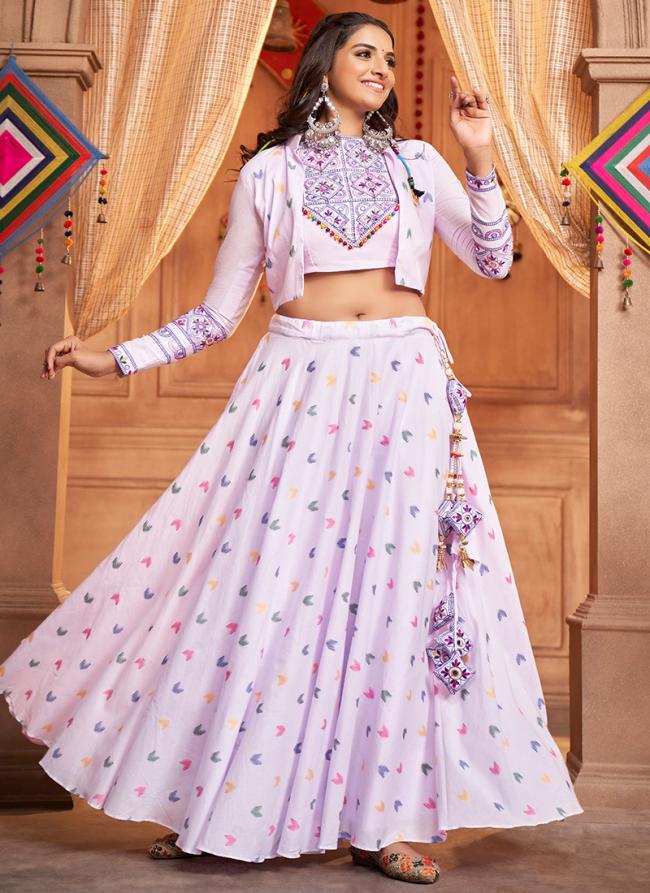 Lavender Viscose Rayon Navratri Wear Thread Work Ready To Wear Lehenga Choli