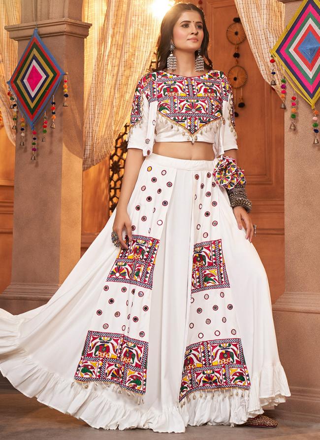 White Viscose Rayon Navratri Wear Thread Work Ready To Wear Lehenga Choli