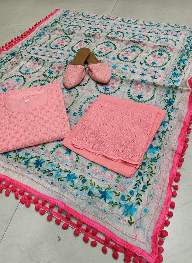 Pink Cambric Cotton Festival Wear Chikankari Phulkari Suit