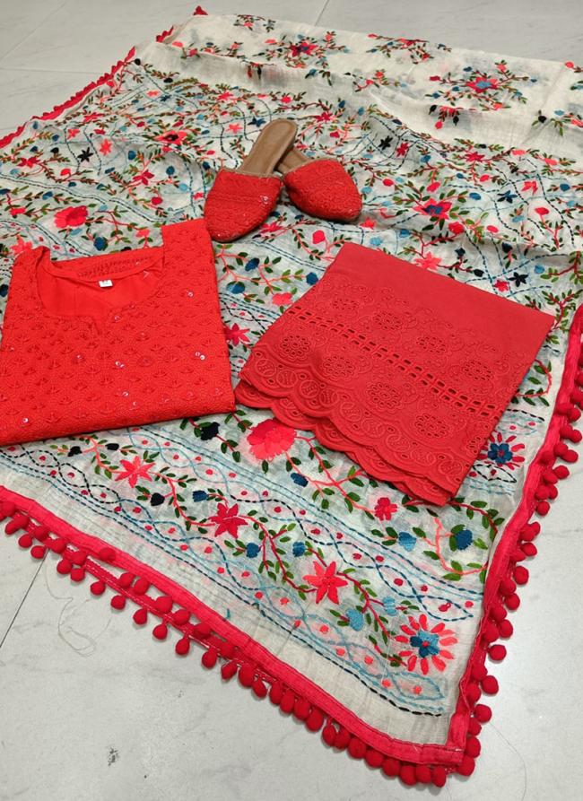 Red Cambric Cotton Festival Wear Chikankari Phulkari Suit