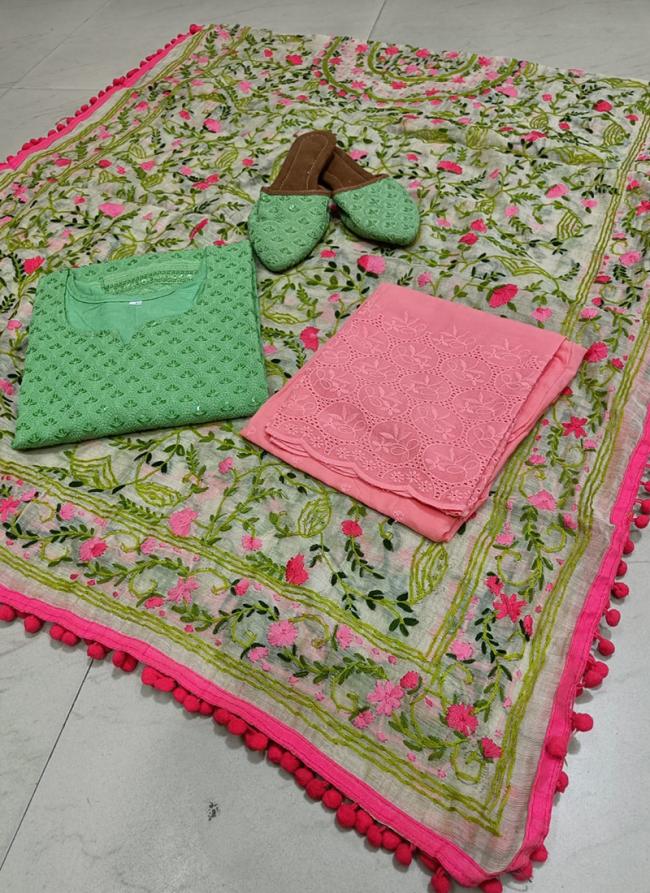 Pista Green Cambric Cotton Festival Wear Chikankari Phulkari Suit