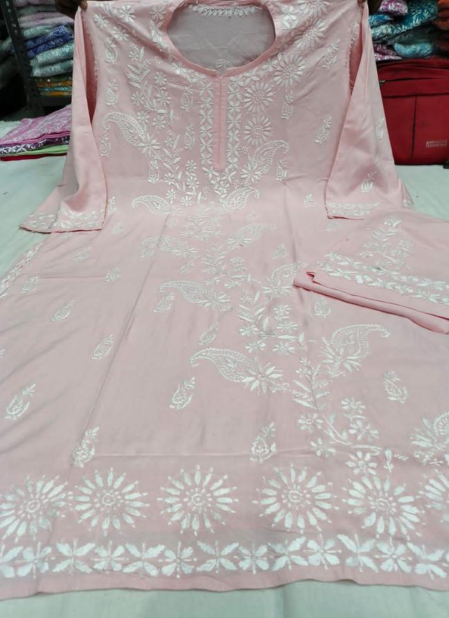 Light Pink Rayon Casual Wear Lucknowi Kurti With Pant
