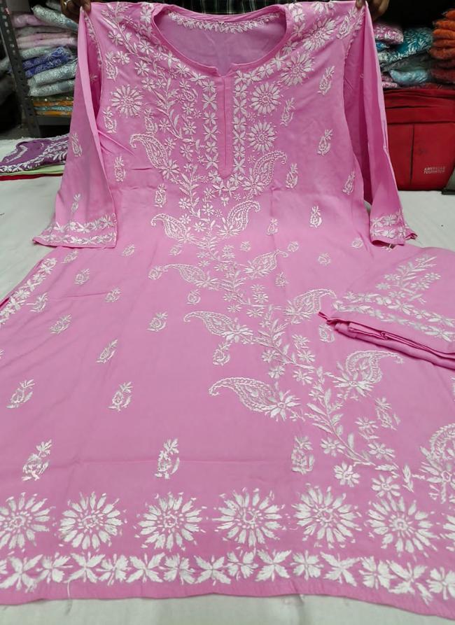 Pink Rayon Casual Wear Lucknowi Kurti With Pant
