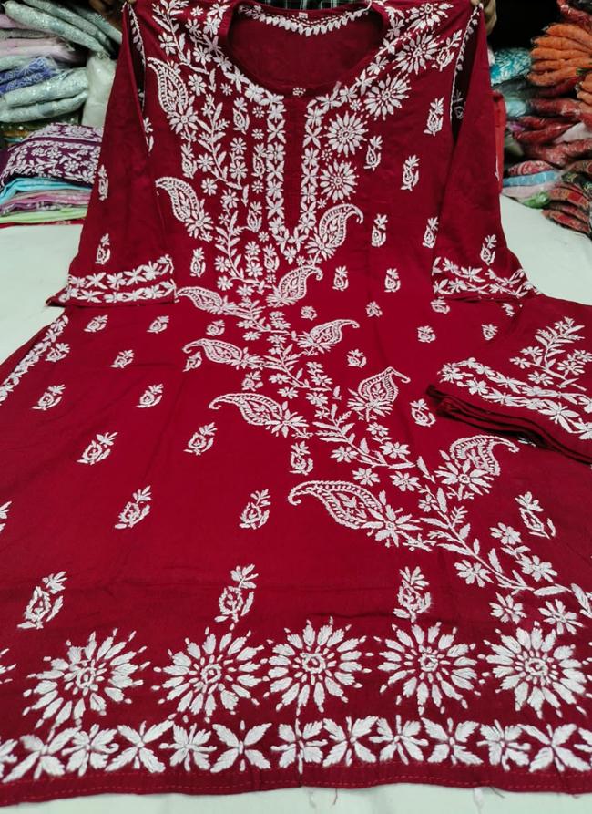 Red Rayon Casual Wear Lucknowi Kurti With Pant
