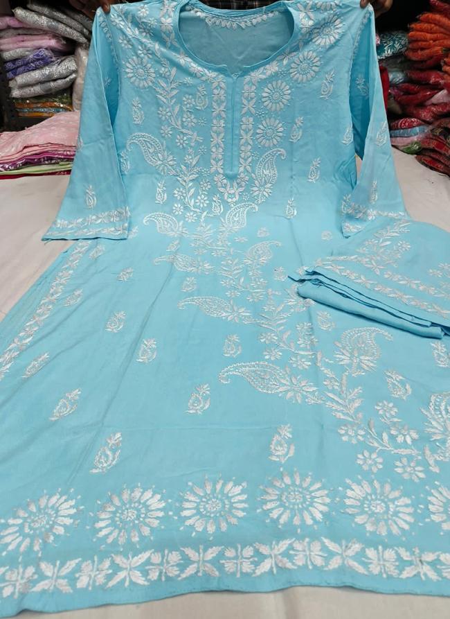 Sky Blue Rayon Casual Wear Lucknowi Kurti With Pant
