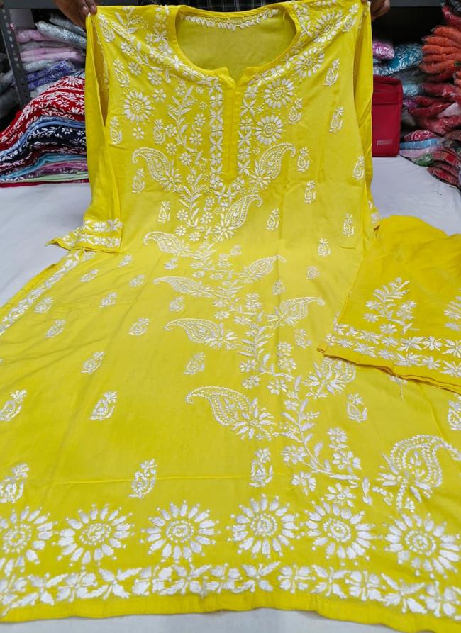 Yellow Rayon Casual Wear Lucknowi Kurti With Pant