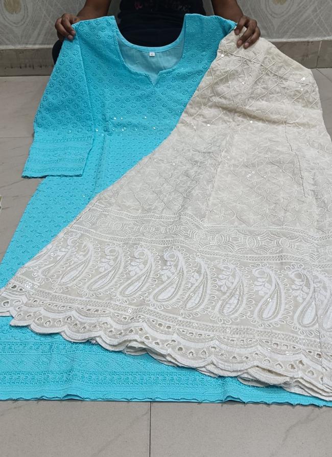 Sky Blue Cambric Cotton Festival Wear Chikankari Kurti With Sharara