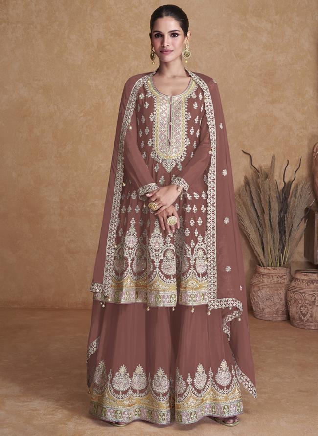 Brown Georgette Festival Wear Embroidery Work Palazzo Suit