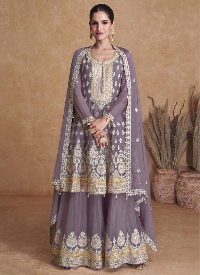 Lilac Georgette Festival Wear Embroidery Work Palazzo Suit