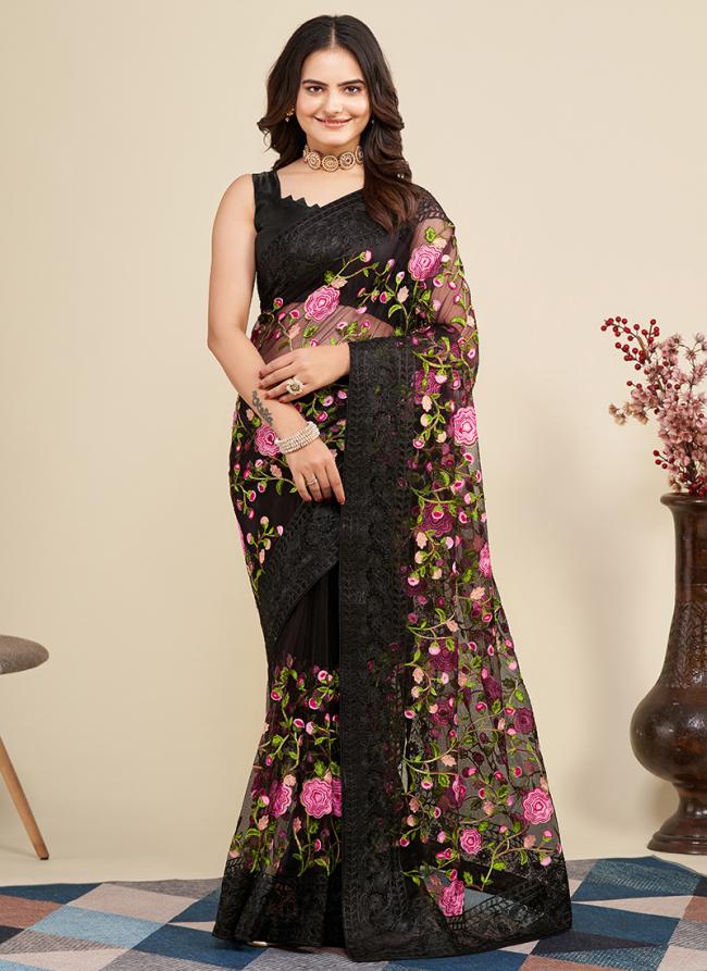 Black Soft Net Traditional Wear Embroidery Work Saree