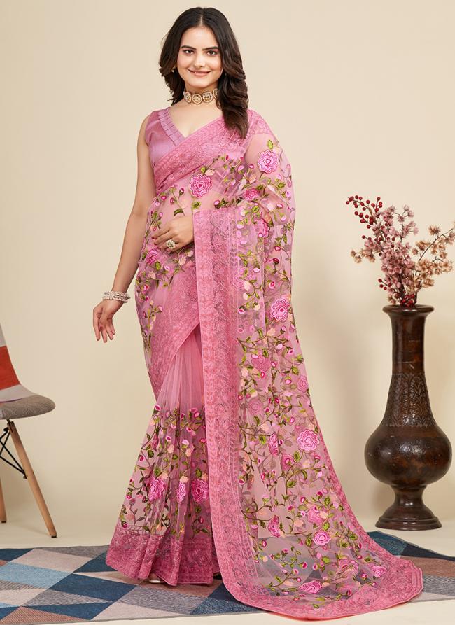 Pink Soft Net Traditional Wear Embroidery Work Saree