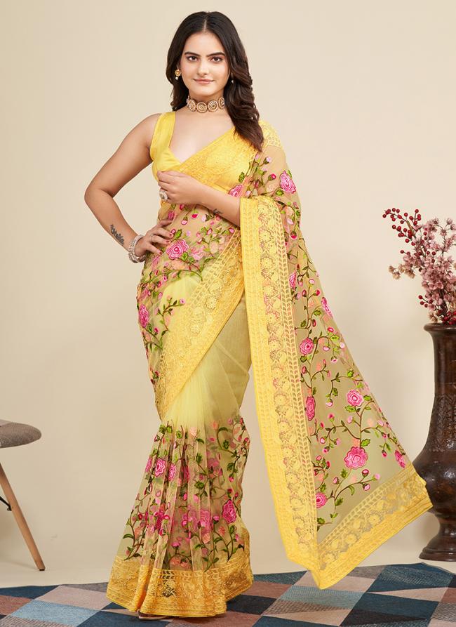 Yellow Soft Net Traditional Wear Embroidery Work Saree