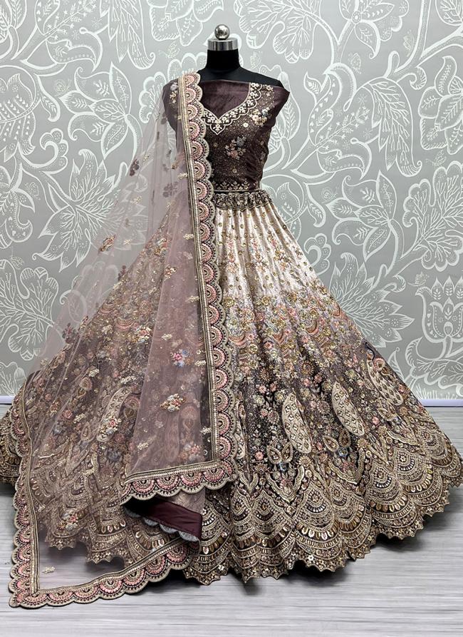 Brown Velvet Bridal Wear Embroidery Work Lehenga Choli