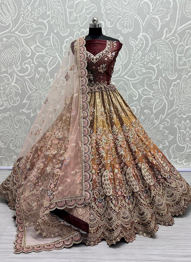 Maroon Velvet Bridal Wear Embroidery Work Lehenga Choli