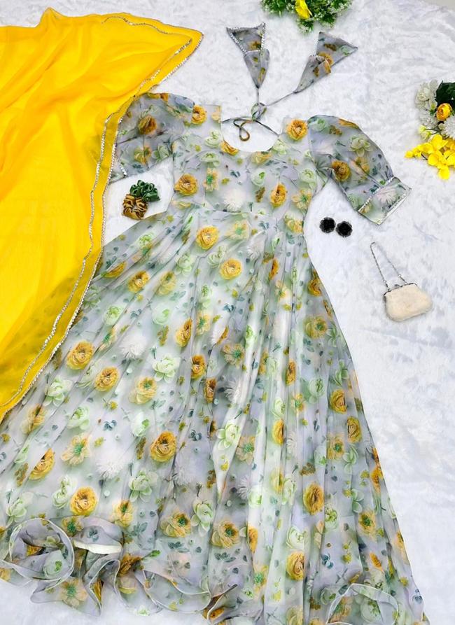 Yellow Organza Festival Wear Digital Printed Gown With Dupatta