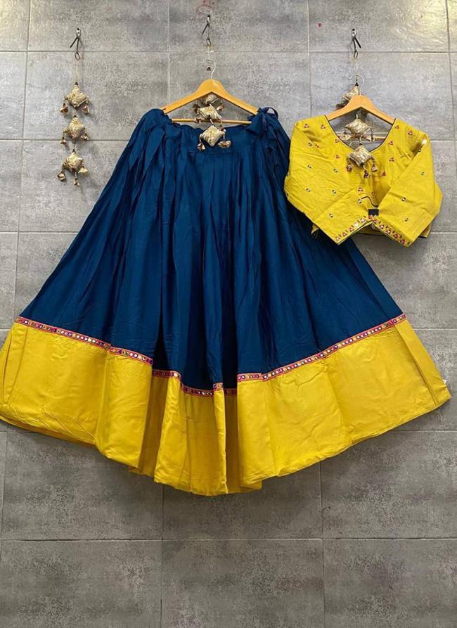 Blue Rayon Navratri Wear Hand Work Skirt With Blouse