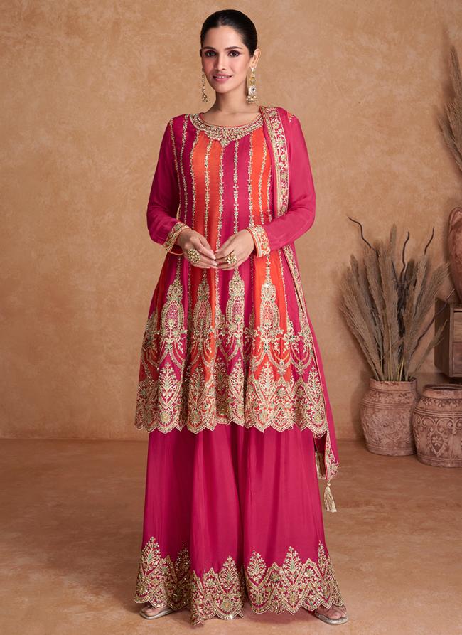 Pink Chinnon Wedding Wear Embroidery Work Readymade Salwar Suit