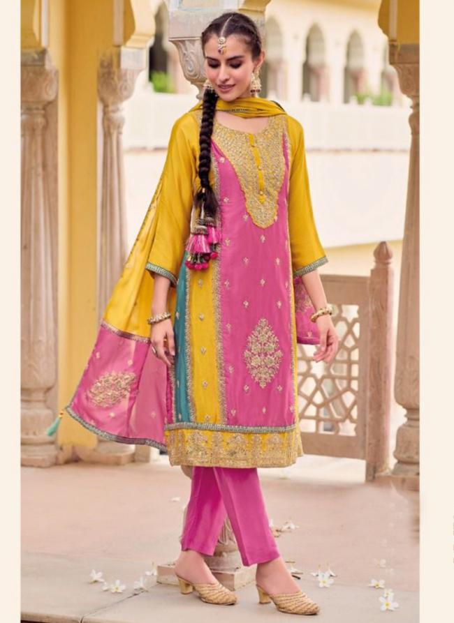 Pink Chinnon Wedding Wear Embroidery Work Readymade Salwar Suit