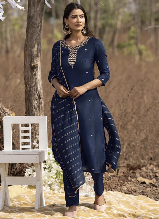 Navy Blue Pure Muslin Festival Wear Embroidery Work Readymade Salwar Suit