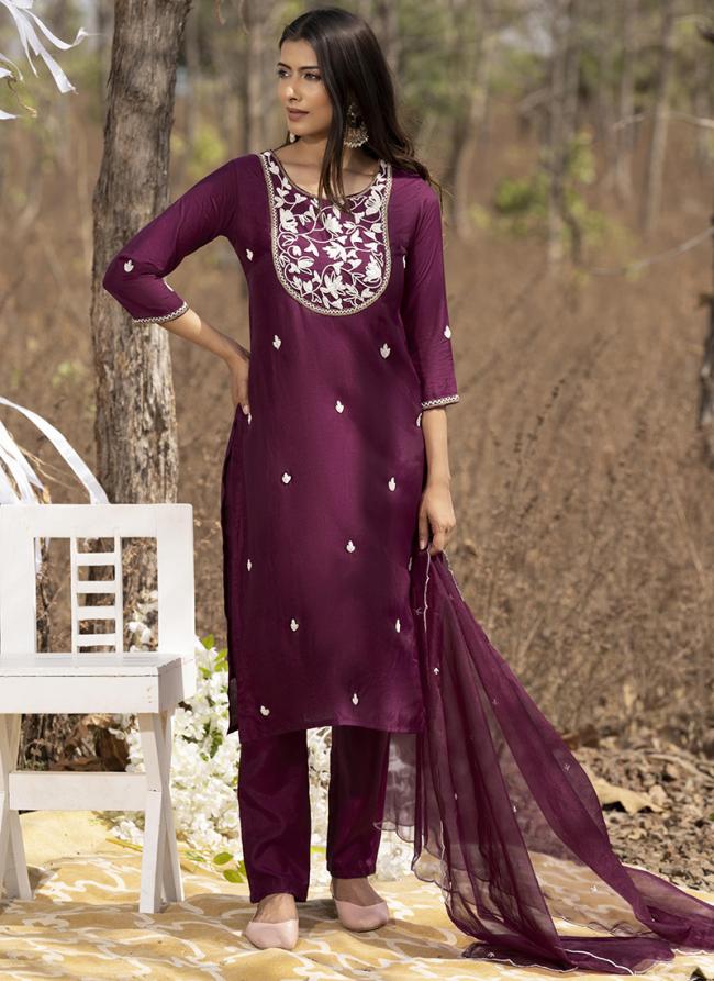 Purple Pure Muslin Festival Wear Embroidery Work Readymade Salwar Suit