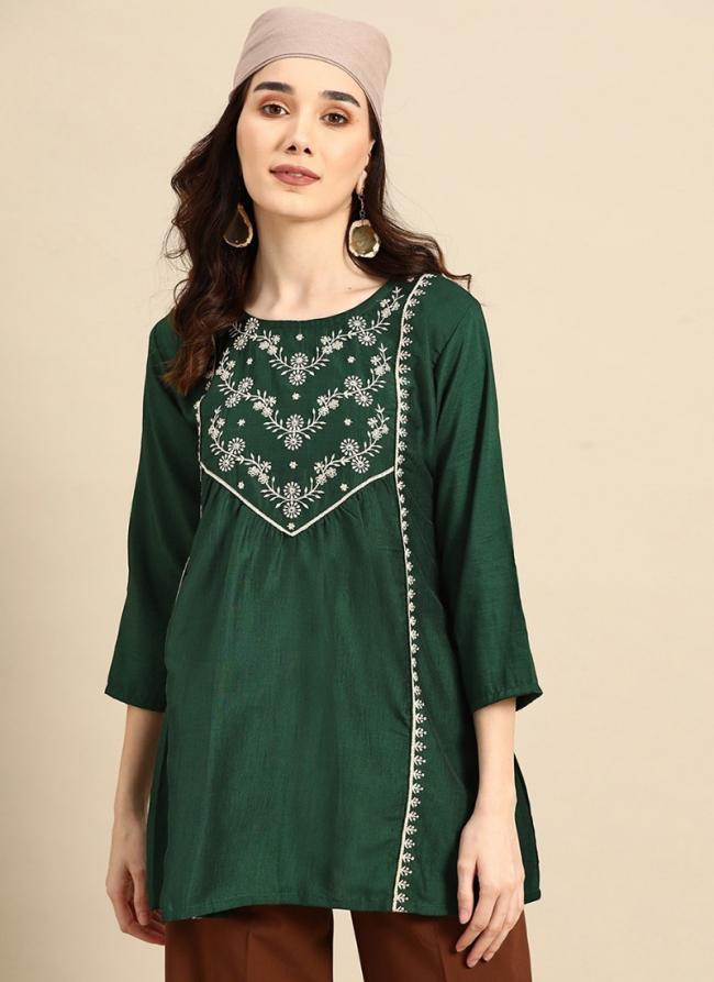 Bottle Green Viscose Blend Casual Wear Embroidery Work Top