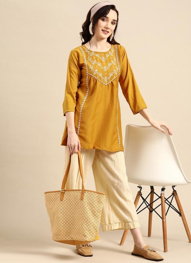 Mustard Viscose Blend Casual Wear Embroidery Work Top