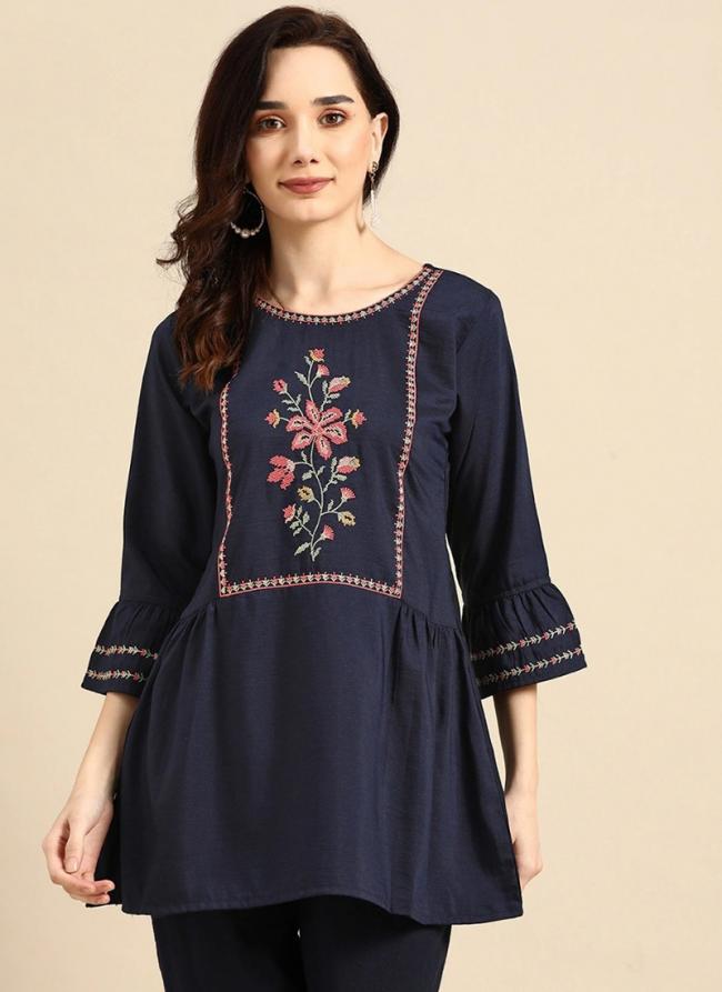Navy Blue Viscose Blend Casual Wear Embroidery Work Top